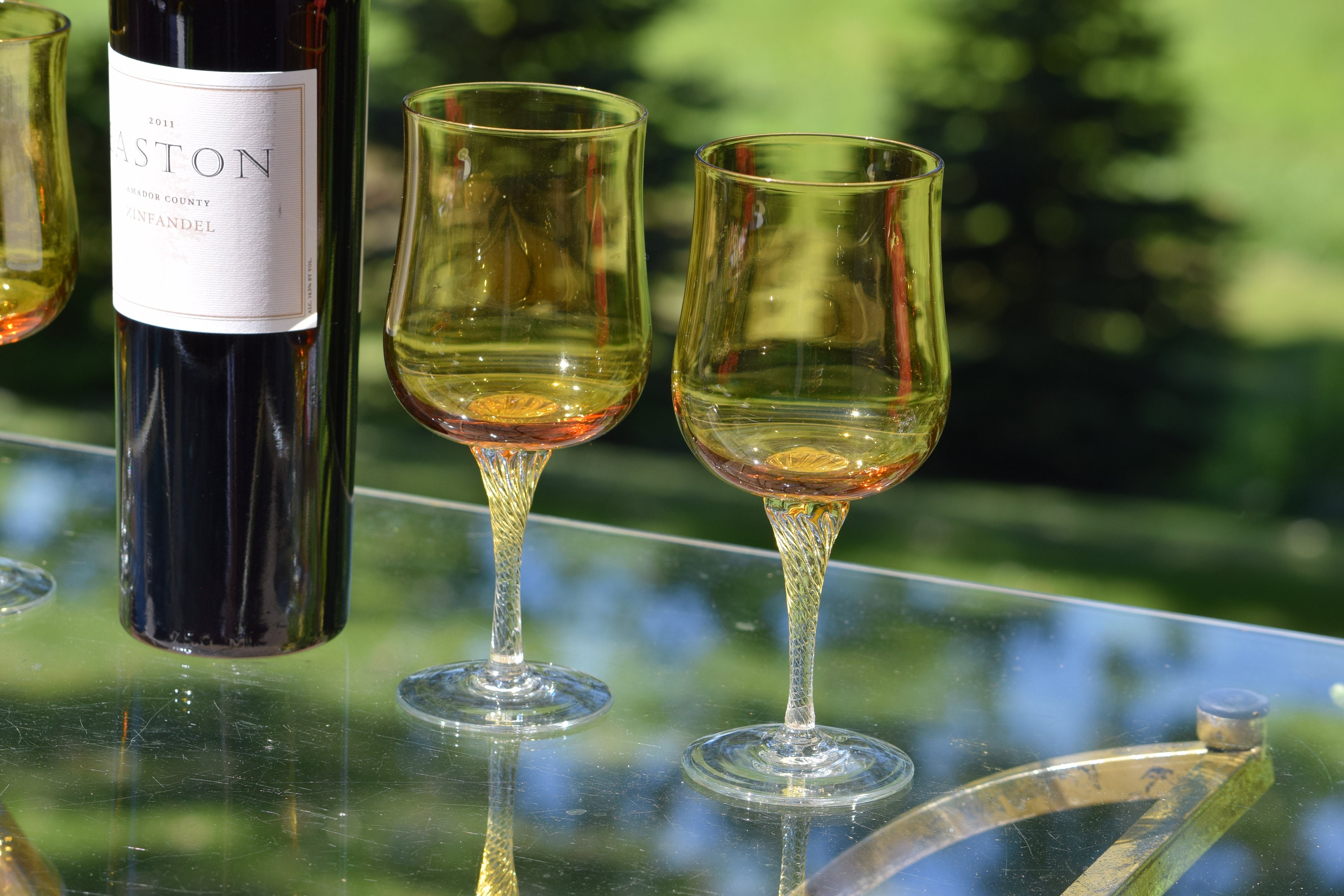 Vintage Yellow with Clear Twisted Stem Wine Glasses, Set of 4, Vintage