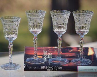 4 Vintage Etched Wine ~ Liqueur Glasses, 3 oz After Dinner Drink Glasses, Port Wine ~ Dessert Wine Glasses, Small 3 oz Wine Glass