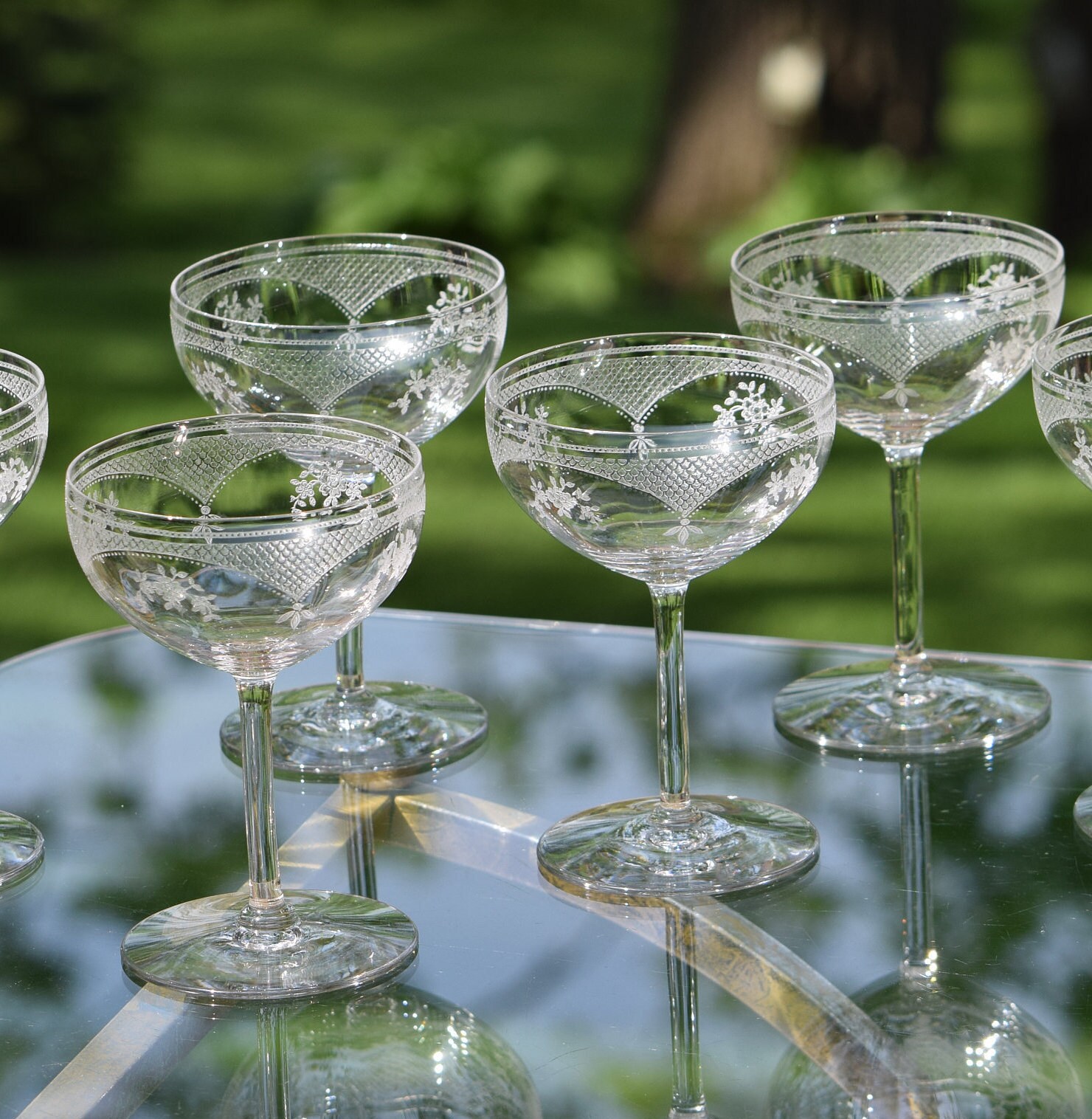 Vintage Needle Etched CRYSTAL Champagne Coupes Cocktail Glasses, Set