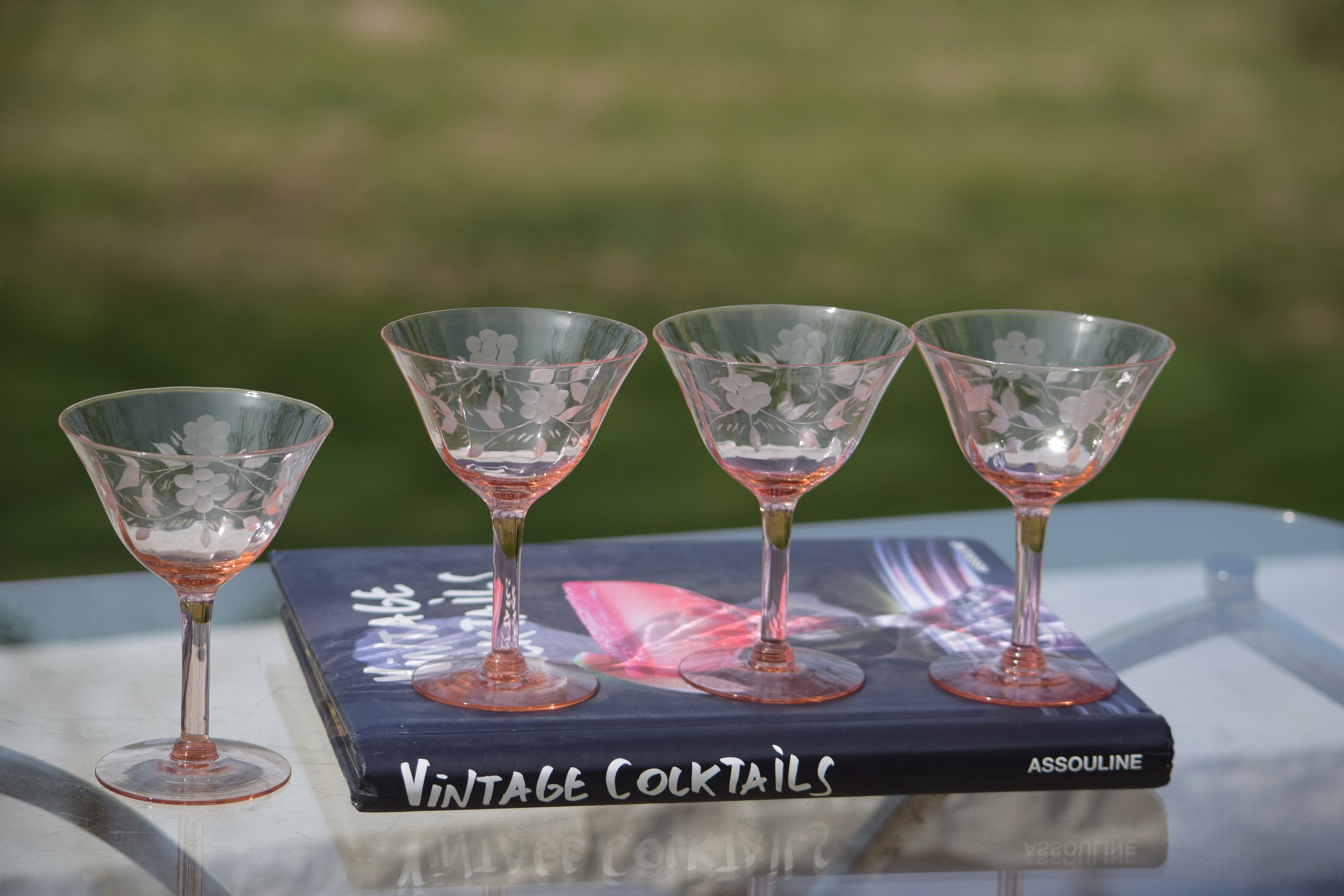 4 Vintage Pink Etched Cocktail Martini Glasses, Mixologist Cocktail