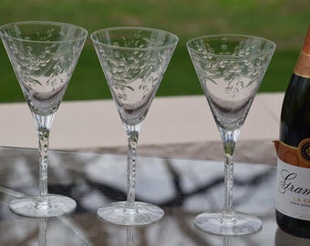 Vintage Etched Cut Stem Wine Glasses, Rock Sharpe 1950's Toasting Set