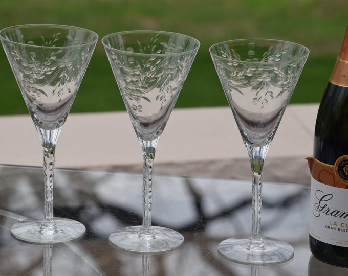 5 Vintage Etched Cut Stem Wine ~ Champagne Glasses, 1950's, RARE Vintage Wedding Toasting Glasses