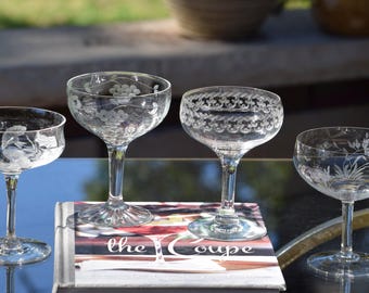 4 Vintage Etched Cocktail Glasses, Mixed Set of 4 Glasses, 1920's, Vintage Champagne Coupes, Nick and Nora Coupes, Antique Cocktail Coupes