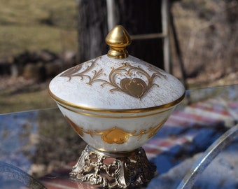 Vintage Pedestal ~ Hand painted Gold Hearts with Brass base Home Decor ~ 1940's - Weddings ~ Decor for Office, Home, Bookshelves