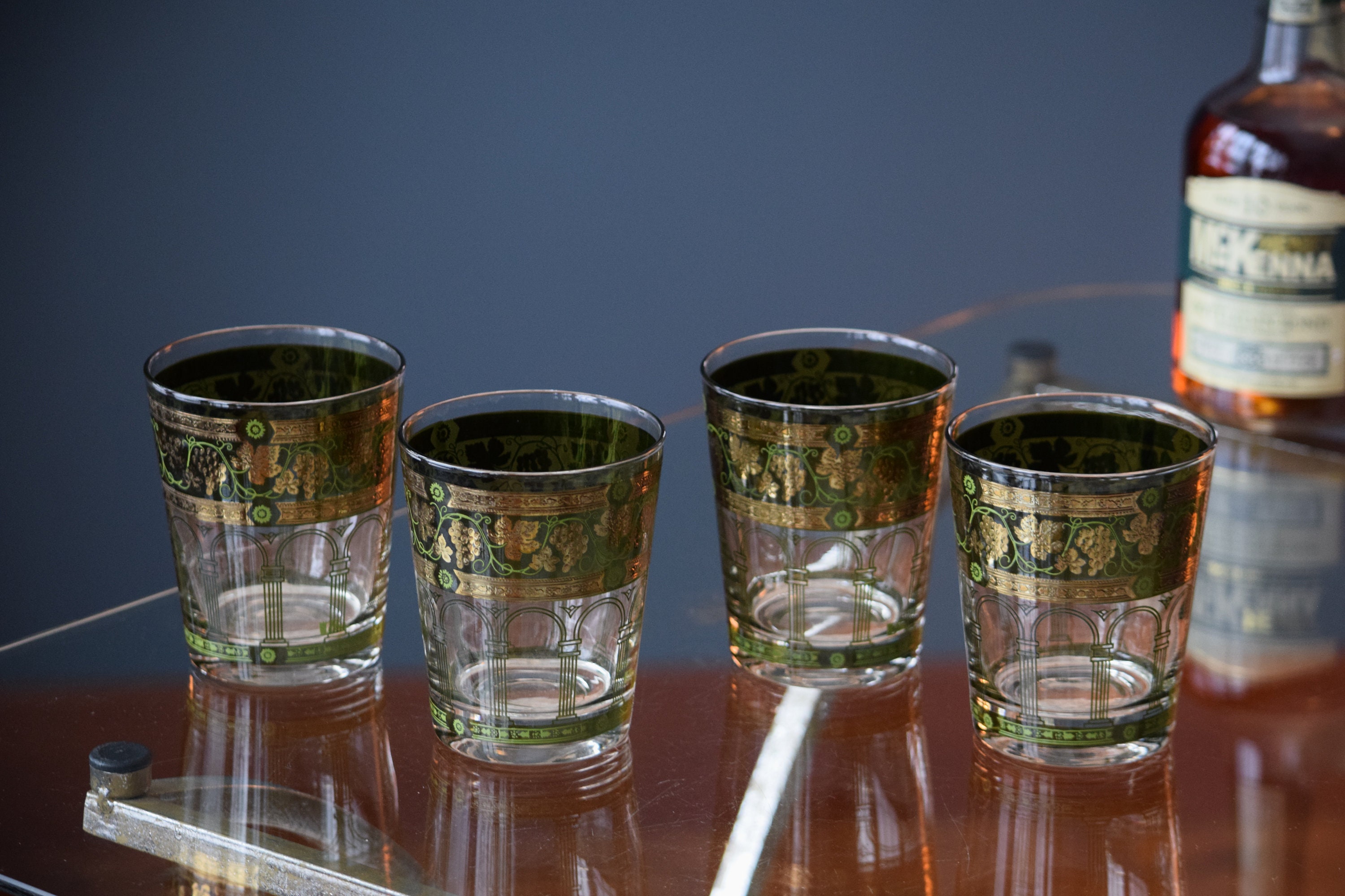 4 Vintage Double Old Fashioned Cocktail Glasses Cera, 1970's, Green
