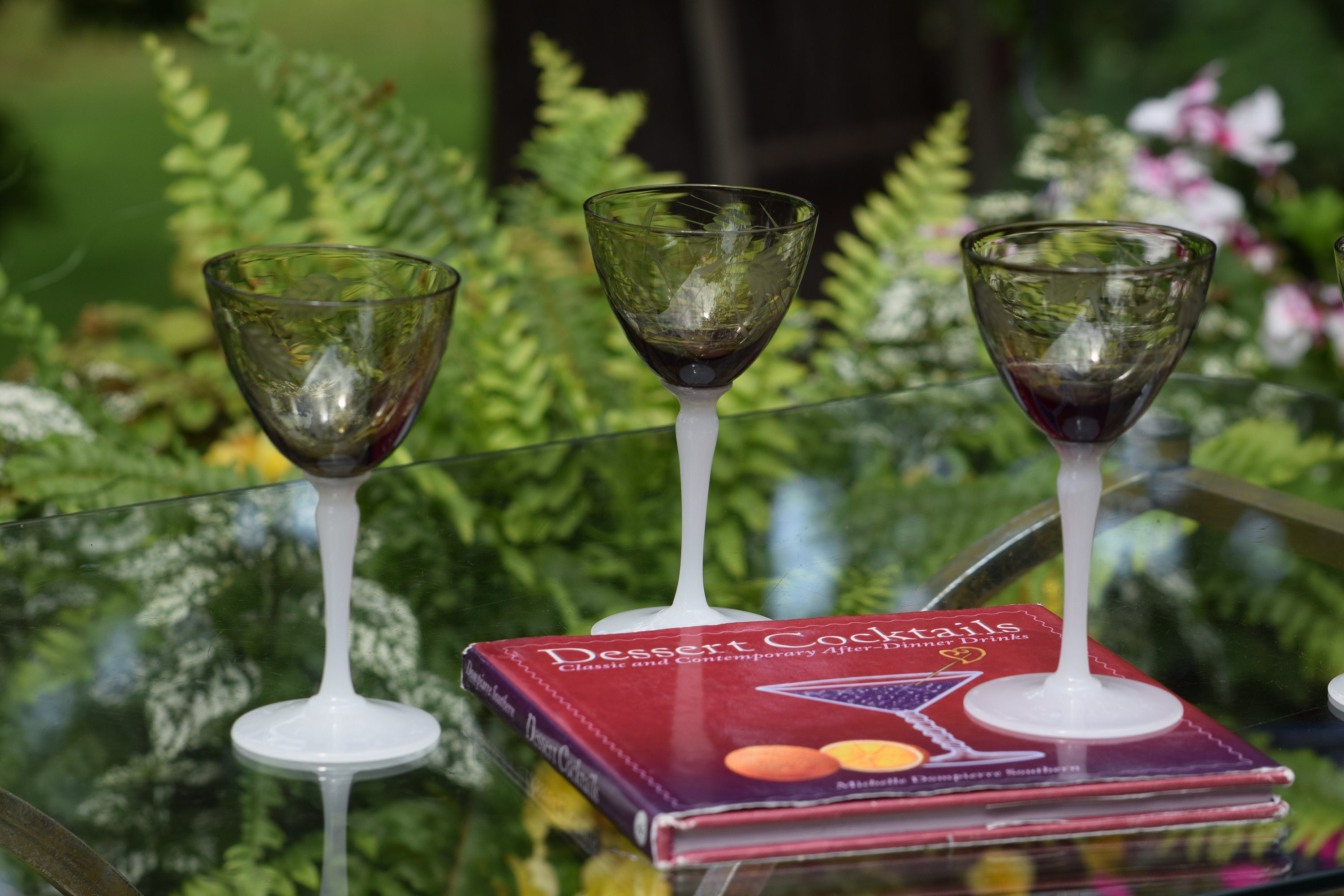 6 Vintage Etched Wine ~ Liqueur Glasses, H.C. Fry, 1930's Grey with White  Stem 4 oz Cocktail ~ After Dinner Drinks~Port, Dessert Wine Glass