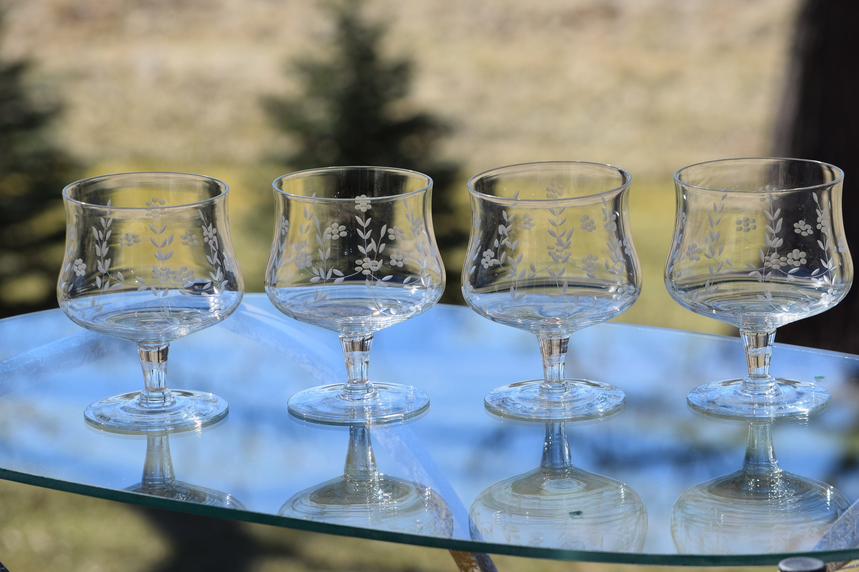 Clear Etched Glass Aperitif Miniature Brandy Snifters, Set of 4