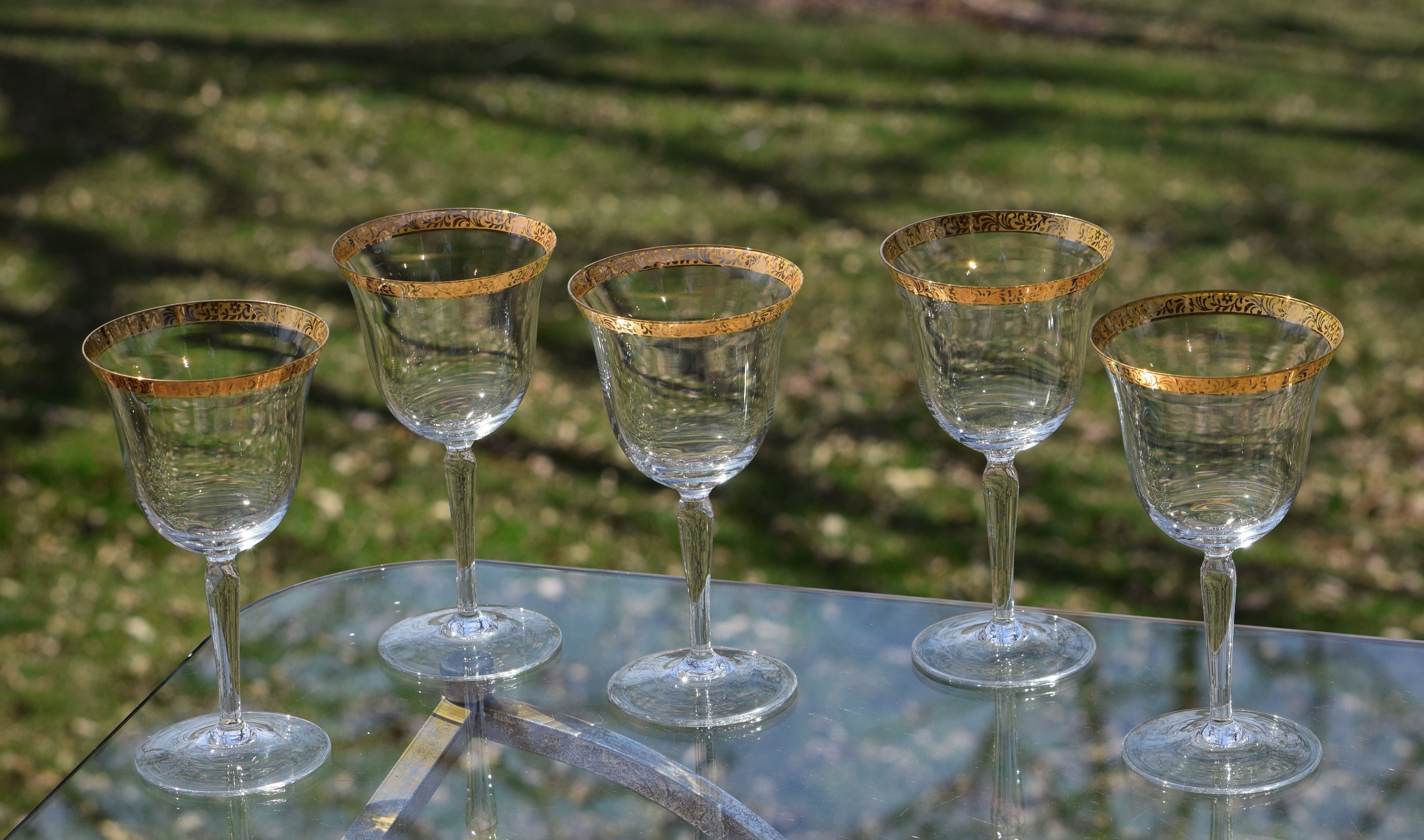 Vintage Gold Rimmed Wine Glasses, Set of 5, Gold Rimmed Wine Cocktail