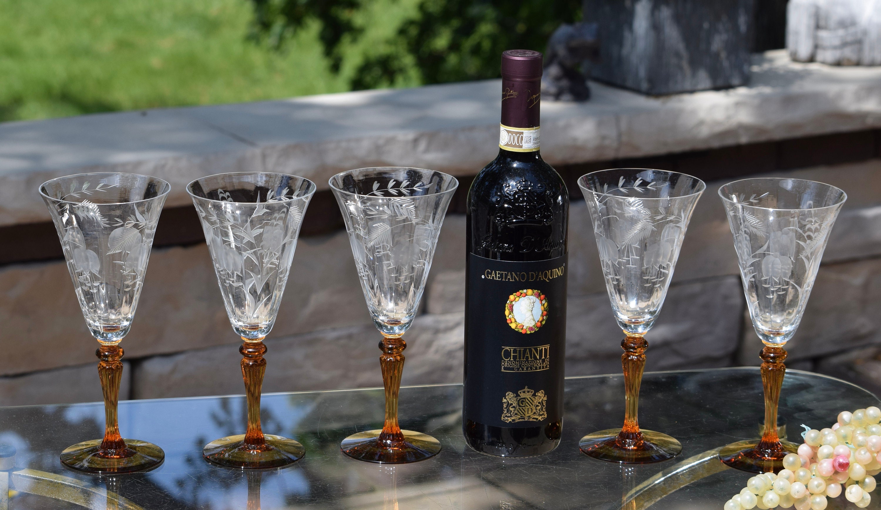 5 Vintage Etched CRYSTAL Wine Glasses with Amber Stem and Foot, Tiffin  Franciscan, Amber & Clear, 1950's, Floral Etched Wine Glasses