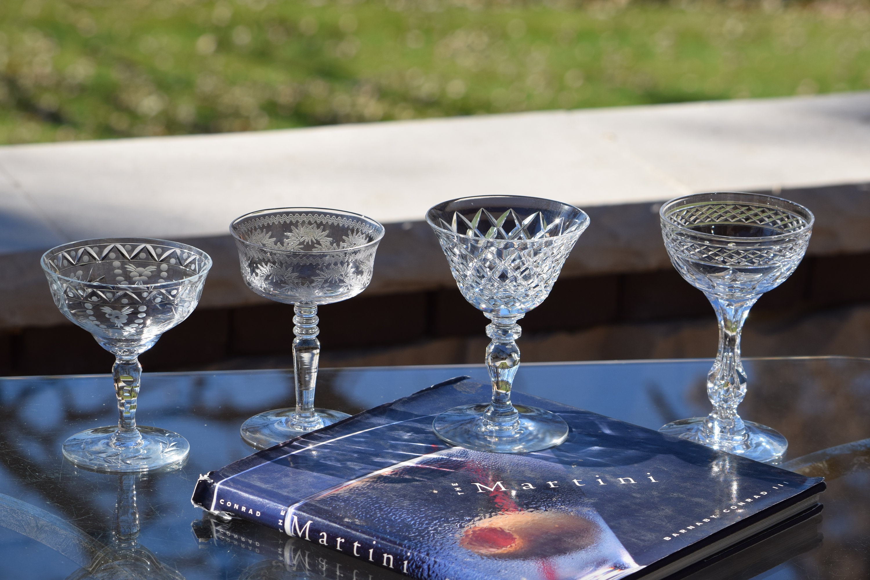 4 Vintage Etched Cocktail Martini Glasses, Set of 4 Mis-Matched
