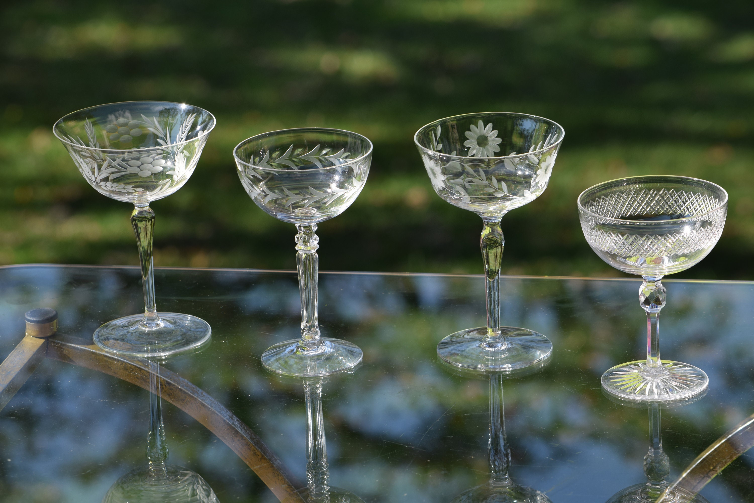 Vintage Etched Cocktail Martini Glasses, Set of 4, Vintage Set of 4