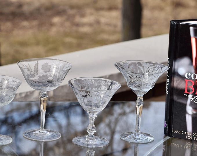 SIP in STYLE! 4 Vintage Etched Cocktail ~ Martini Glasses, Set of 4 Mis-Matched - Mixed Cocktail glasses,  1950's, Nick and Nora