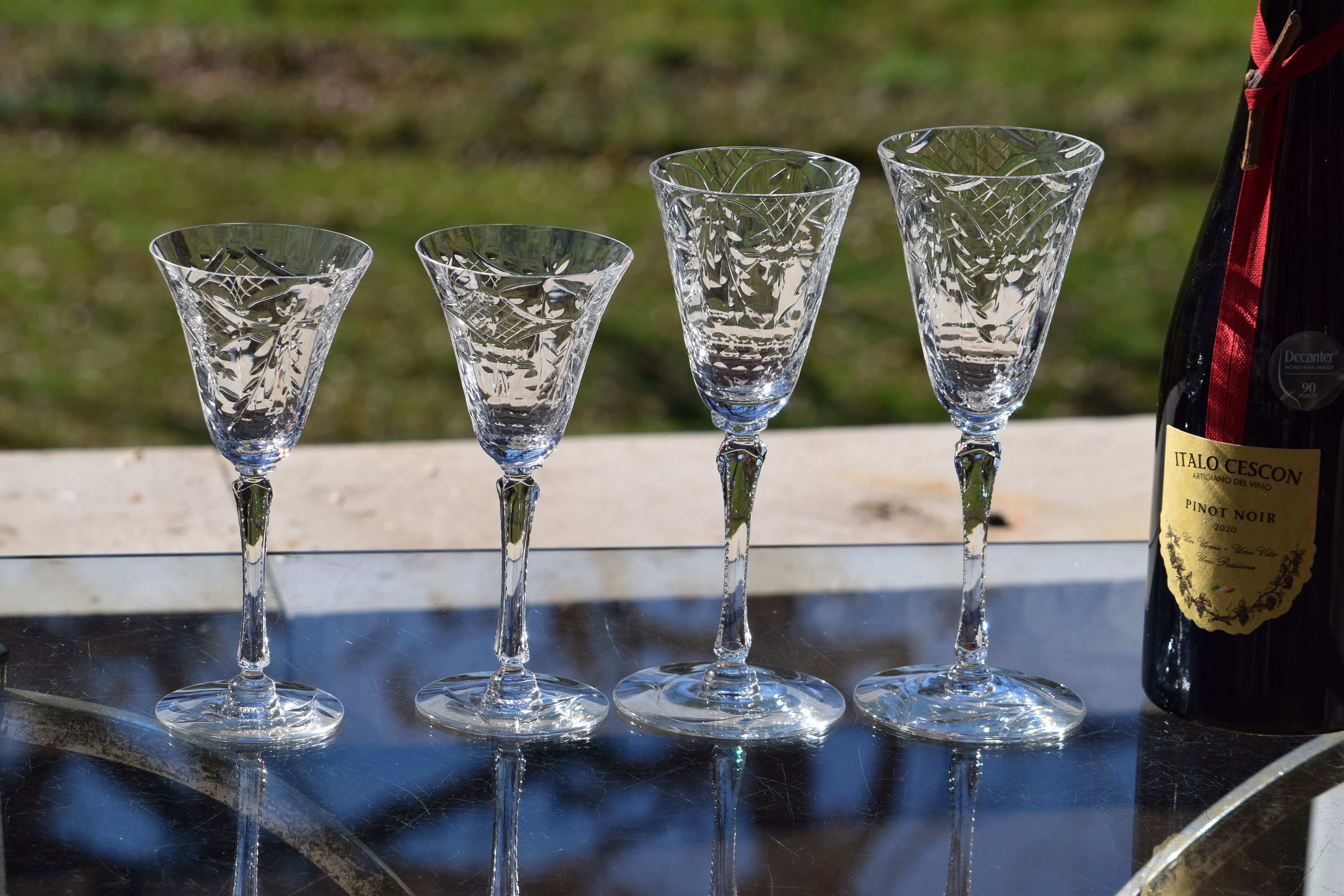 4 Vintage Etched Crystal Wine Glasses ~ Port Wine Glasses, Set of