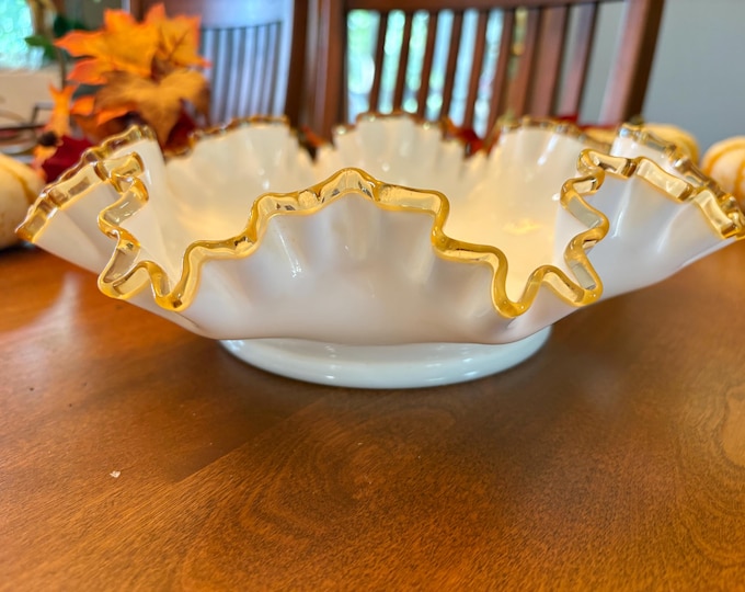 Vintage Fenton Ruffled Bowl: White and Gold Centerpiece, 1940s