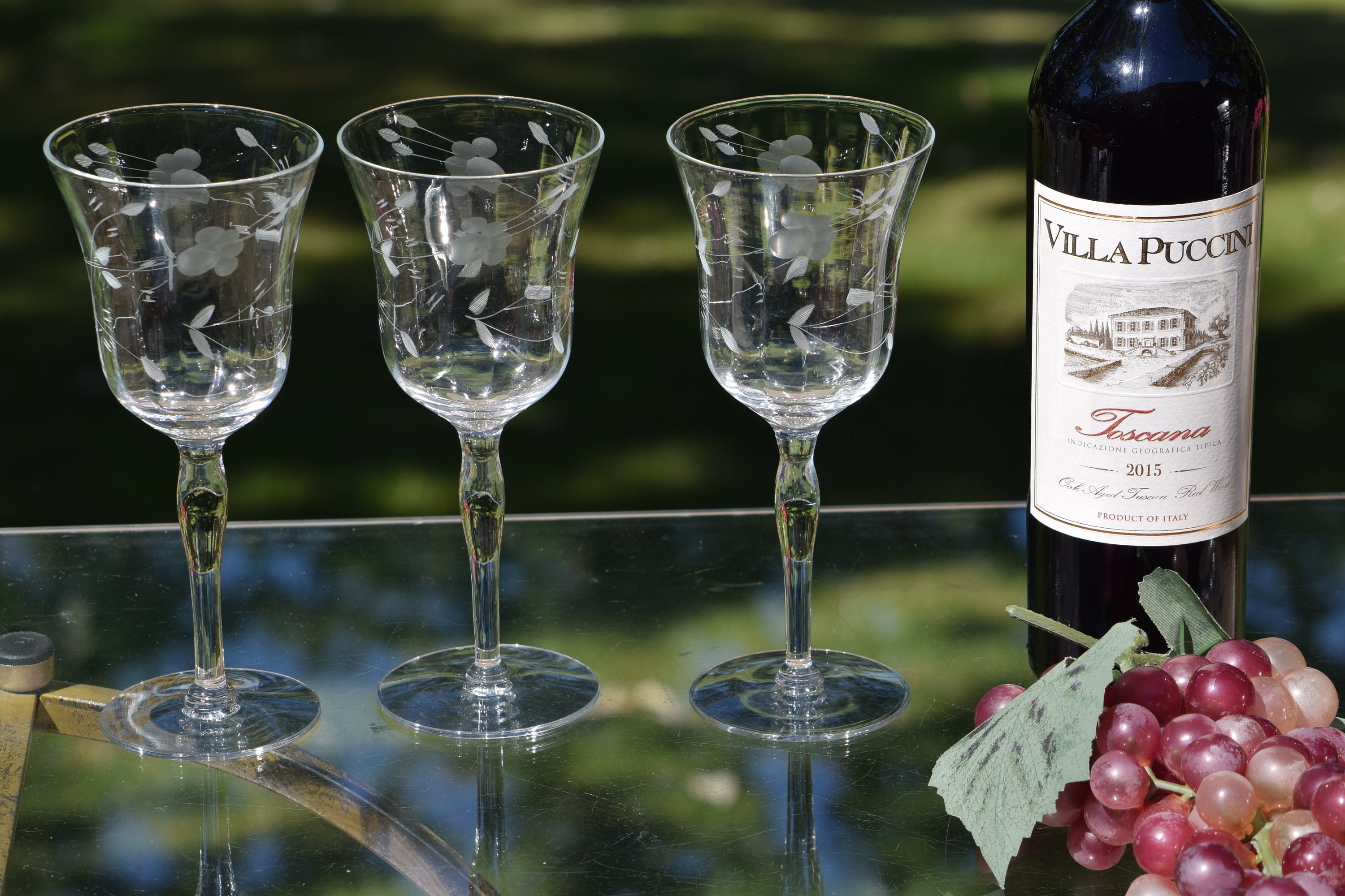 4 Vintage Floral Etched Wine Glasses, circa 1950's, Tall Vintage Etched Wine Glasses, Wedding