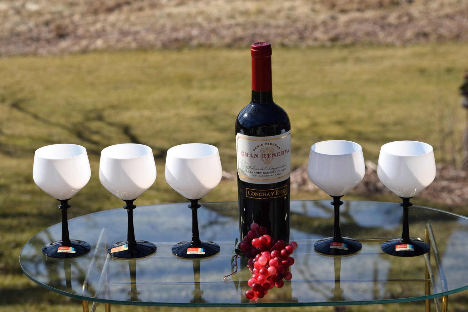 Vintage Wine Glasses, Set of 5, Black & White FOSTORIA Contrast Claret