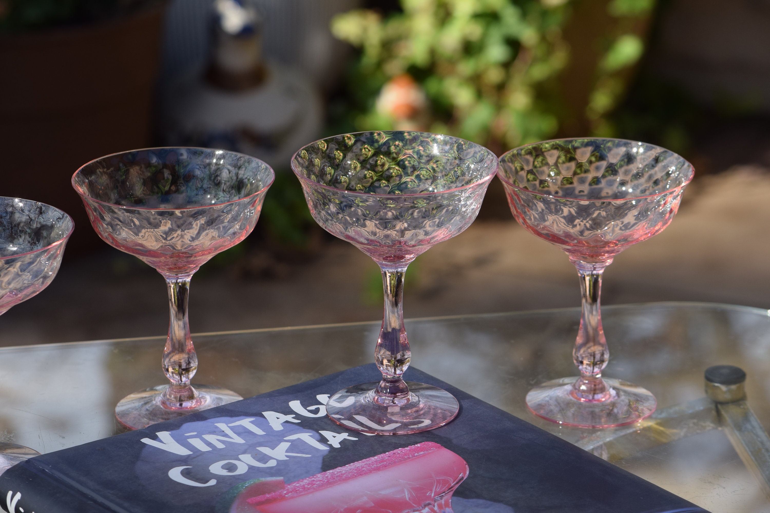 4 Vintage PINK DIAMOND OPTIC Cocktail Champagne Glasses, Fry Glass