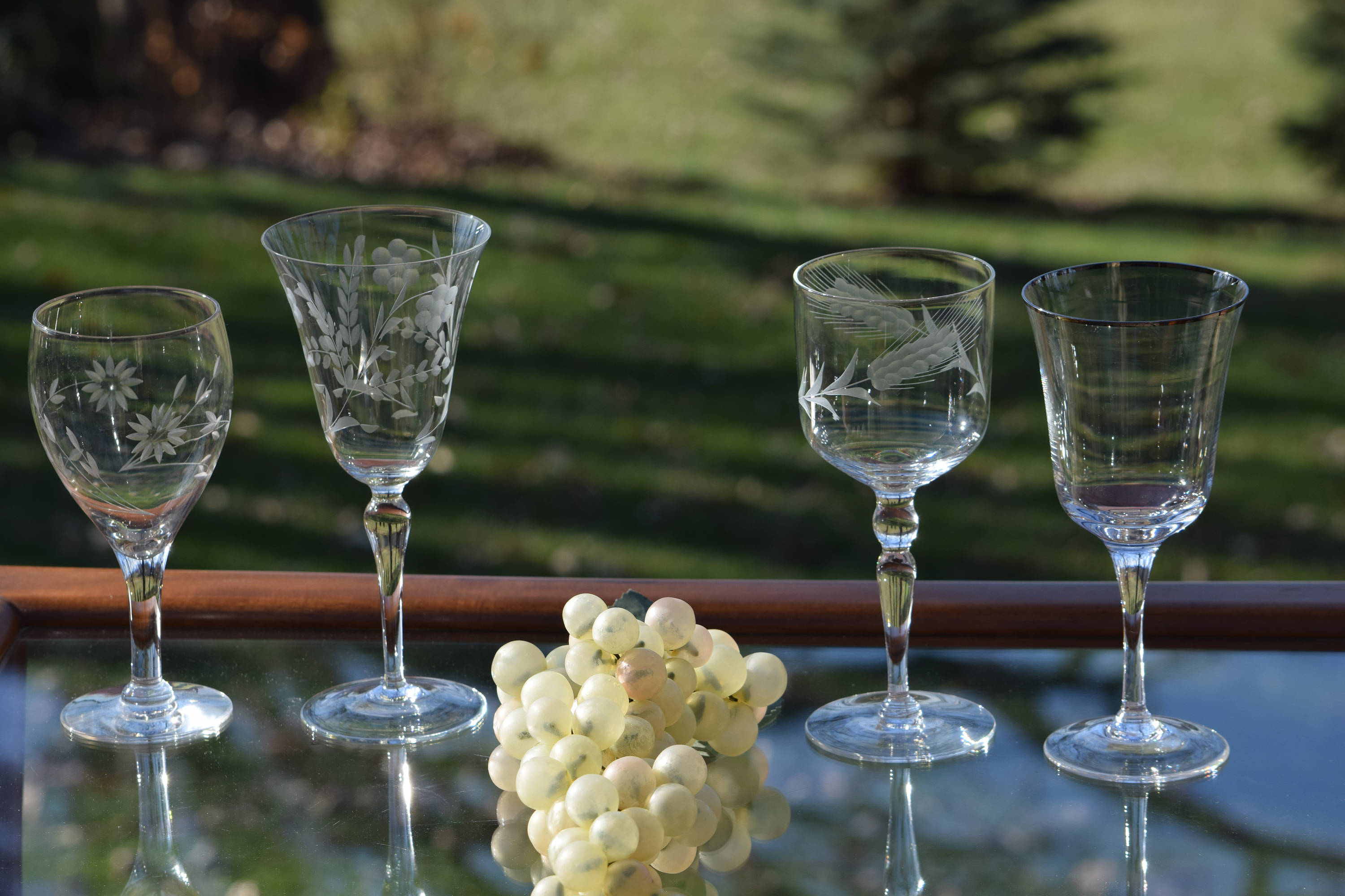 Vintage Etched Wine Glasses, Set of 4 different Vintage Wine