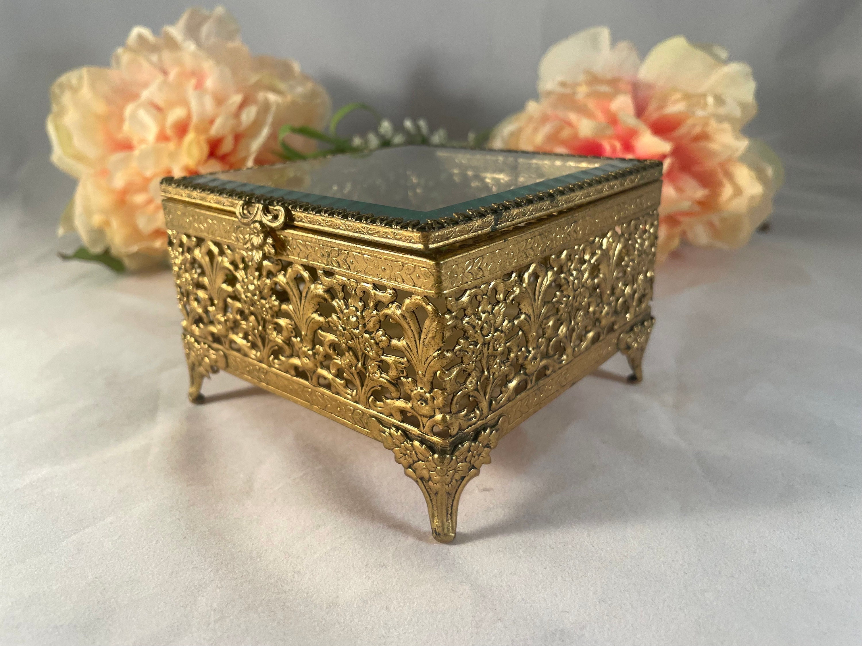 Vintage Gold ~ Brass Glass Jewelry Box, 1950's Brass Floral Jewelry Box  with Glass Top and Glass Interior, Vintage Jewelry storage