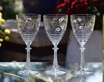 Vintage Rock Sharpe Etched Crystal Wine Glasses - Set of 5, 1950's, Vintage Glassware
