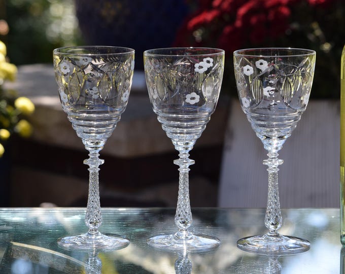 Vintage Rock Sharpe Etched Crystal Wine Glasses - Set of 5, 1950's, Vintage Glassware