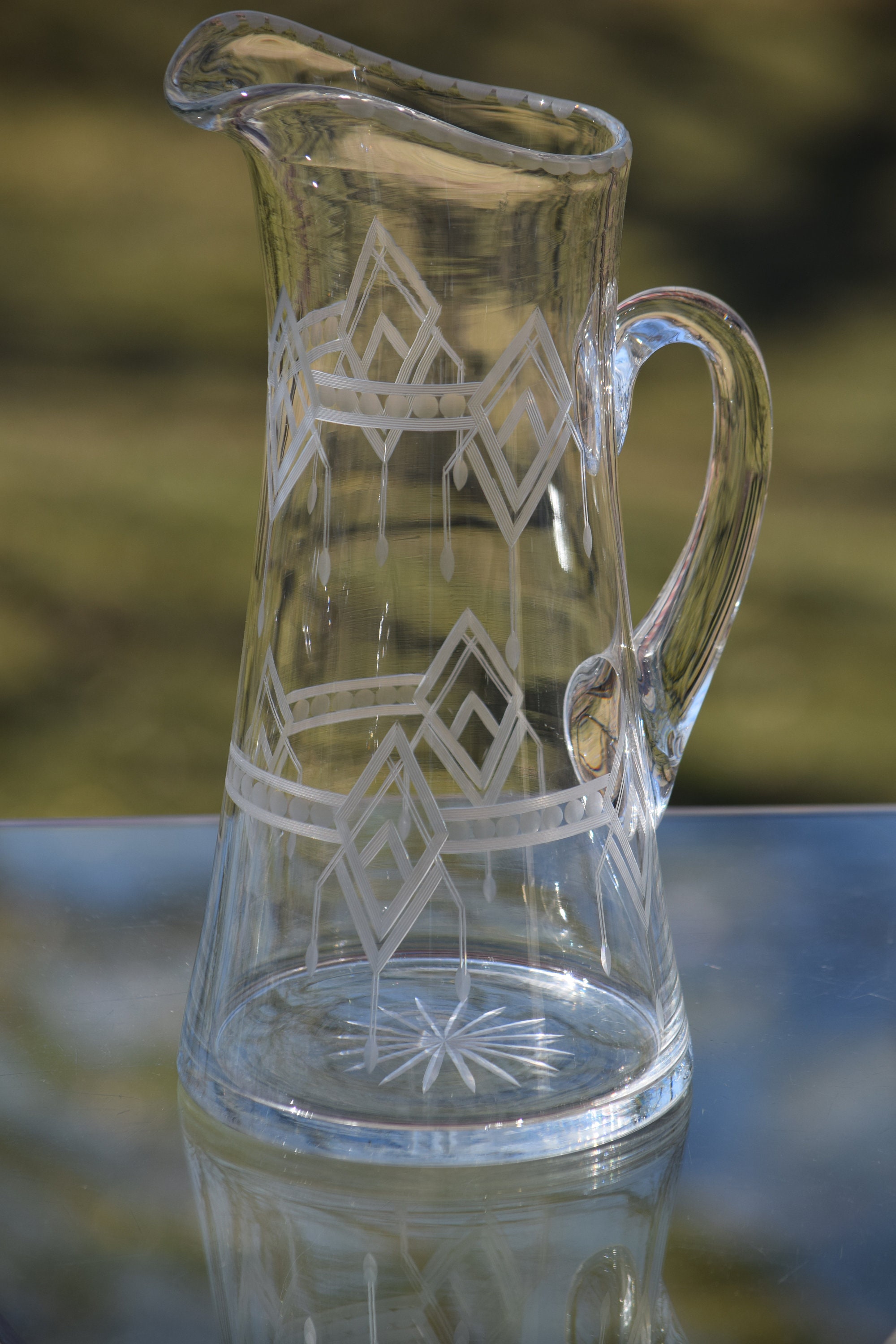 Vintage Etched Glass Cocktail Pitcher / Etched Glass Carafe with Stirr –  feastvintage