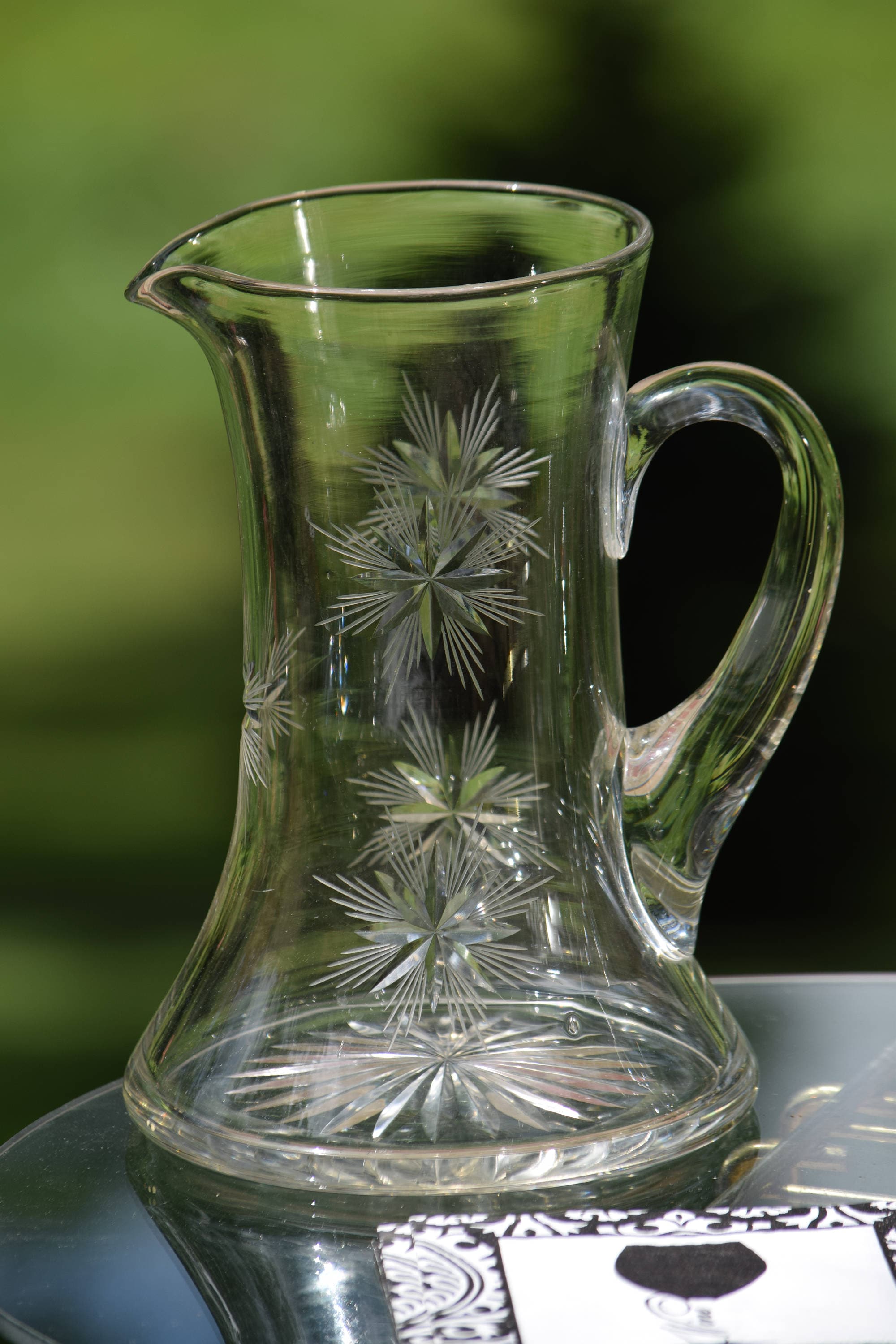 Vintage Etched Starburst Pitcher with matching Wine Glasses