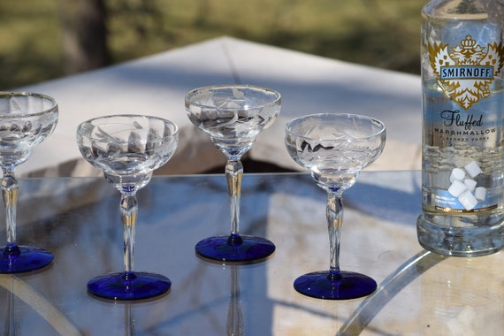 6 Vintage Etched Cocktail - Champagne Glasses, 1950's Rock Sharpe