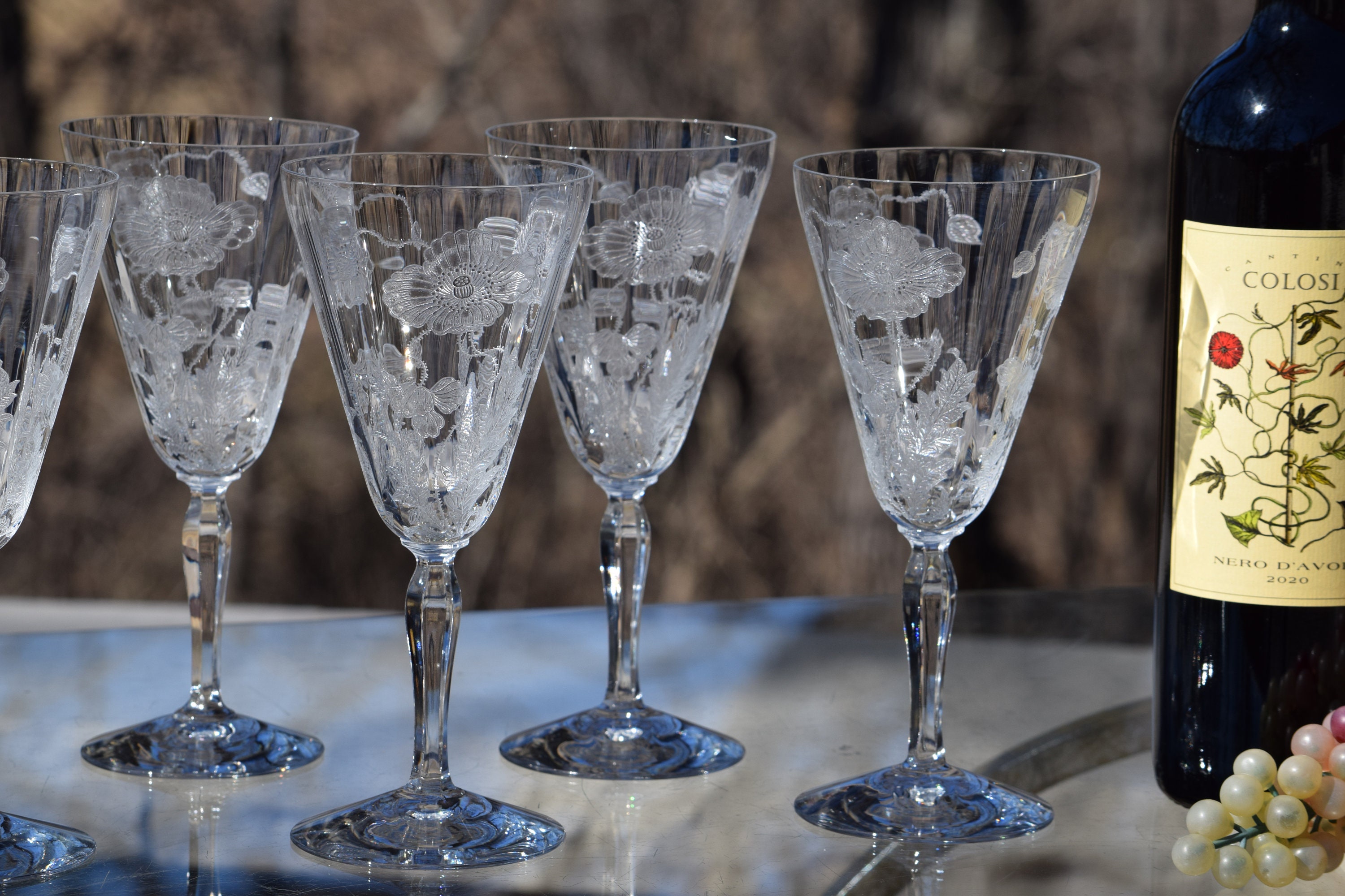 5 Vintage Acid Etched Crystal Water Goblet - Wine Glasses