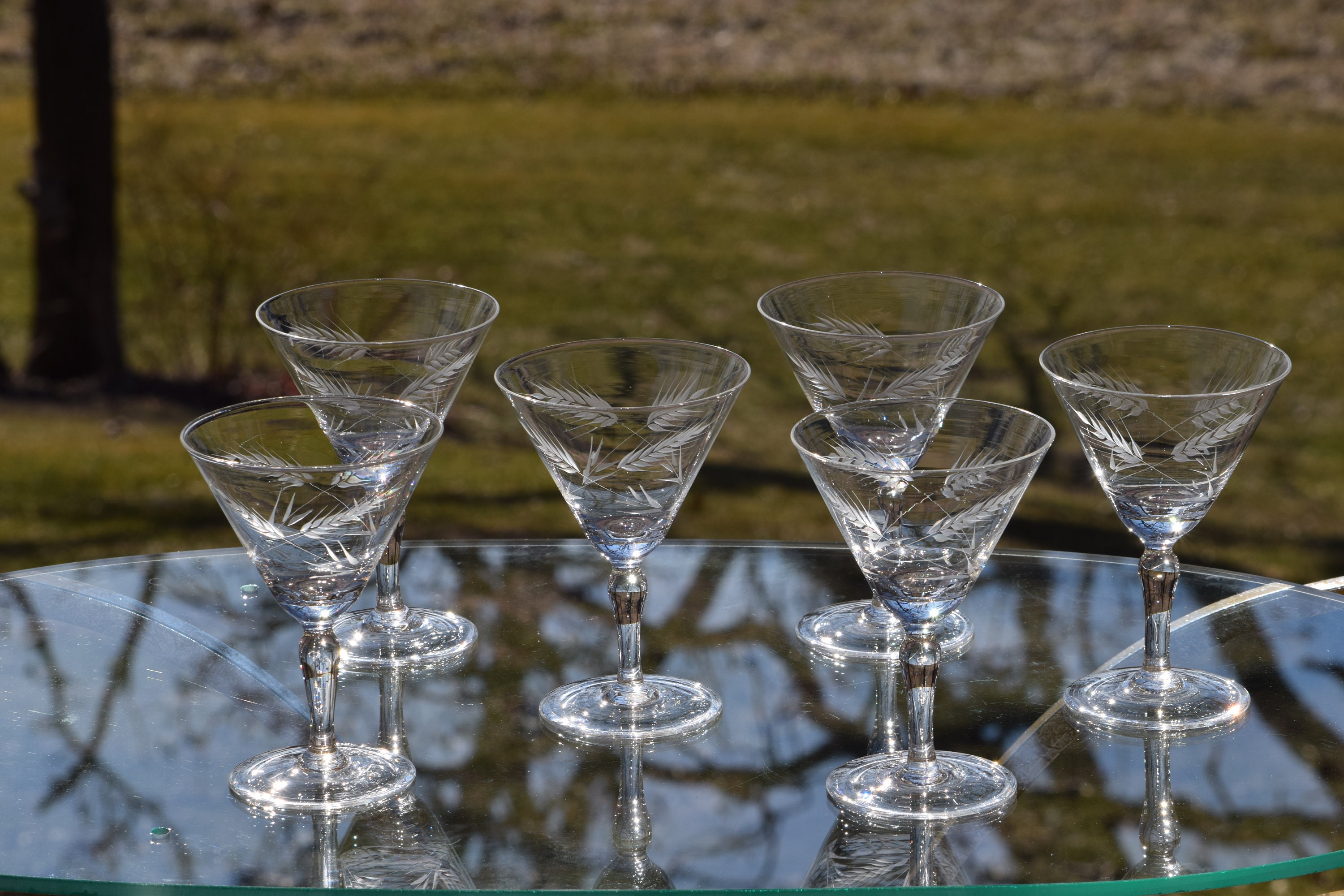 Vintage Etched Martini Glasses, Set of 6, Vintage Wheat Etched