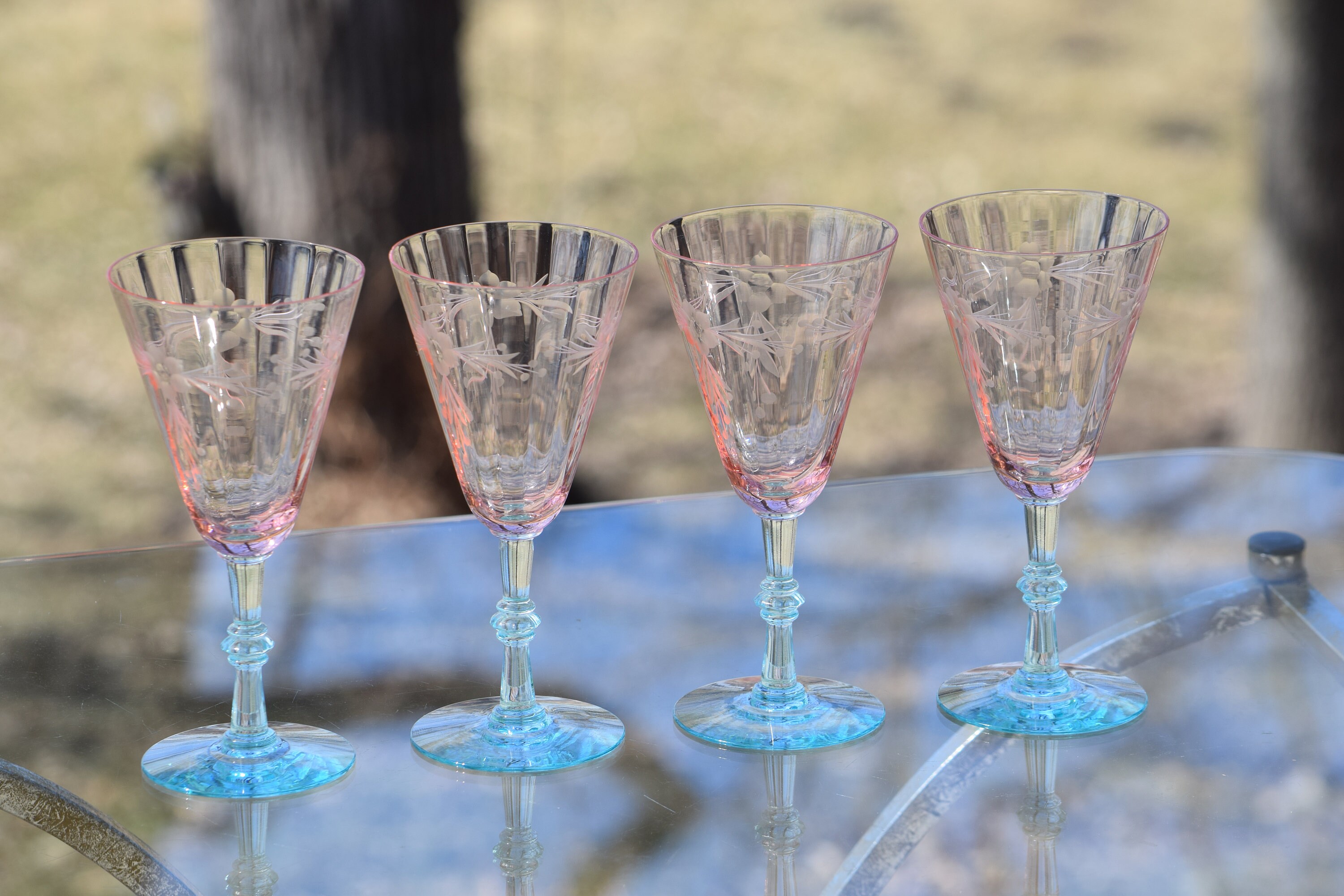 Pink Etched Floral Fluted Wine Glass, Set of 8