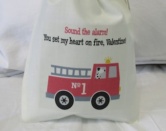 Fire Truck Valentine Bag, Valentine Fire Truck Favor Bags, Fire Truck Valentine Party Bag,