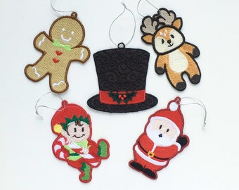 Christmas Tree Ornaments, Set of 5, Elf, Reindeer, Santa, Gingerbread Man, Snowman Hat, Christmas Gift Toppers, FSL Free Standing Embroidery