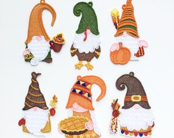 Thanksgiving Gnome Ornaments, Set of 6, Autumn Theme Tree Decorations, Fall Ornaments, FSL Free Standing Lace Embroidery