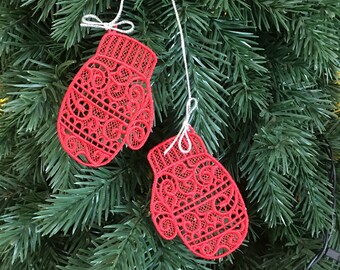 Mitten Ornaments, Christmas Tree Decorations, Gift Toppers, Card Inserts, FSL Free Standing Lace Embroidery