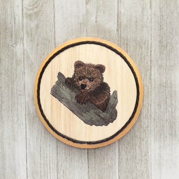 Brown Bear Cub Rustic Nursery Balsa Wood Embroidery Art Etsy