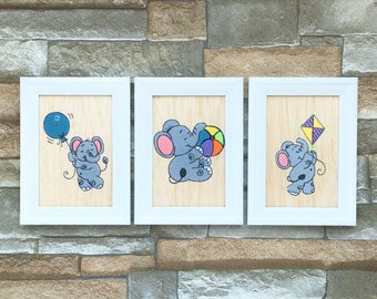 Baby Elephant, Nursery Wall Decor, Framed Set of 3 , Baby Shower Gift, Nursery Animals Set, Kids Bedroom Decor, Balsa Wood Embroidery Art