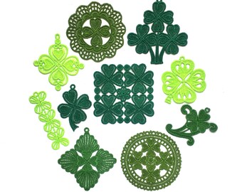 Shamrock Ornaments, Set of 10, St. Patrick's Day, Irish Tree Ornaments, Irish Decorations, Card Inserts,  FSL Free Standing Lace Embroidery