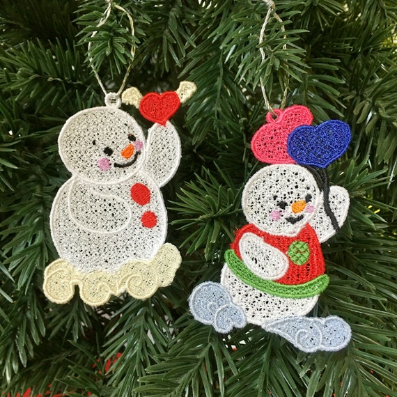 Snowman Christmas Ornaments, Set of 8, Winter Tree Decorations, Gift  Toppers, Greeting Card Inserts, FSL Free Standing Lace Embroidery 