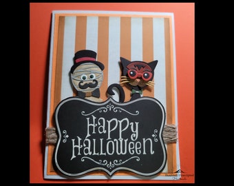 Happy Hallowen Handmade Greeting Card - Halloween - Greetings - Mummy and Cat - Feline