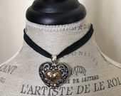 Heart Pendant Necklace, Silk Ribbon Necklace, Gold and Silver Heart Pendant, Adjustable Length Choker