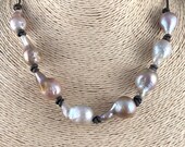 Mother s Day Gift, Large Baroque Pearl Necklace, Gray Pearls, Leather Necklace