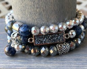 Gemstone Stack Bracelets, Stretchy Bracelets, Cobalt Blue Druzy Bracelet