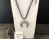 Abolone Crescent Horn Pendant, Adjustable Necklace, Gemstone Necklace, Suede Necklace, Boho Chic