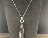 Gray Necklace, Crystal Tassel Necklace, Tassel on Chain Necklace