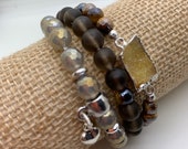 Stacks Set of Mystic Tiger Eye Stretch Bracelet, Gold Druzy, Mystic Champagne Agate Bracelet, Matte Smokey Quartz Bracelet