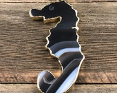Seahorse Pendant Necklace, Gold Electroplated Black Banded Agate Pendant, Coastal Jewelry