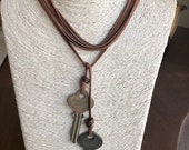 Bolo Necklace, Suede Necklace , Vintage Key Charms