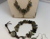 Labradorite Jewelry Set, Labradorite on Natural Gray Leather, Labradorite Bracelet, Crystal Cut Earrings