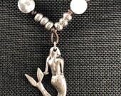 Mermaid Pendant Necklace, Leather Necklace, White Howlite Gemstone Necklace, Beaded Necklace